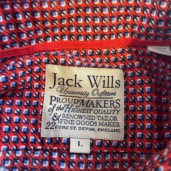 Jack Wills Red with White-Blue Small Print LS Button Down Shirt in Size Large - Picture 2 of 8